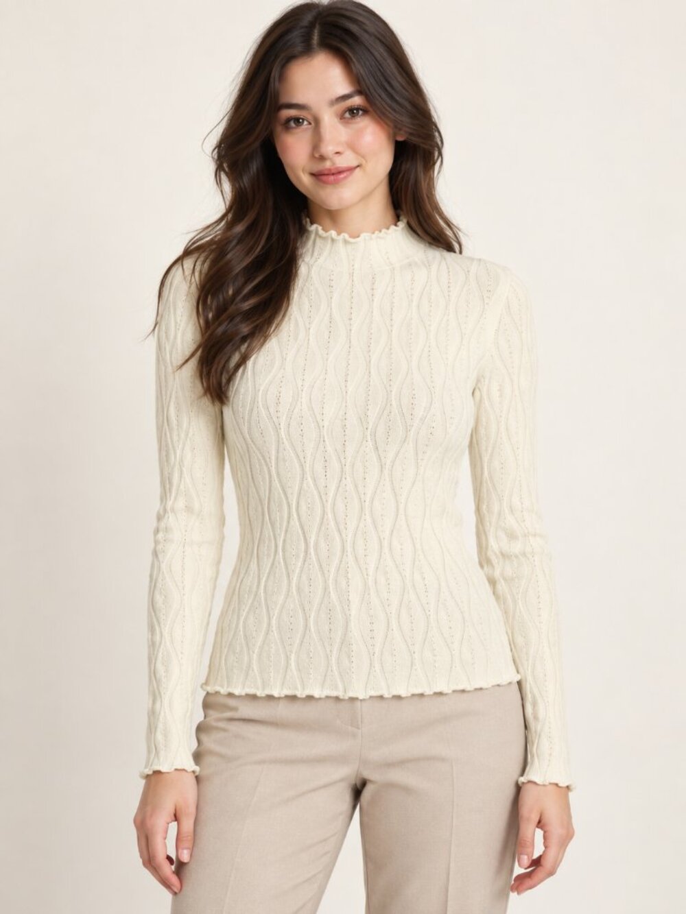 Cream Wavy Knit Mock Neck Top One Size